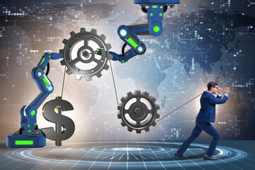 Businessman pulling mechanism and raising dollar