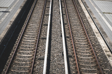 Fototapeta na wymiar Two railroad tracks from above - railway, rails