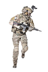 Elite member of US Army rangers in combat uniforms with his shirt sleeves rolled up, in helmet,...