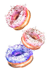 Watercolor drawing donut. The group cakes, sweets. Watercolor postcard,logo illustration On a white isolated background.
