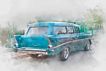 Fototapete Rund Old car in Cuba, back,  watercolor © danek_w