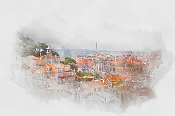 View of Lisbon, Portugal, watercolor