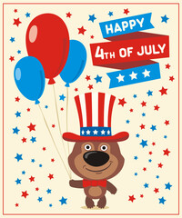 Happy 4th of july! Funny teddy bear with balloons for independence day USA.