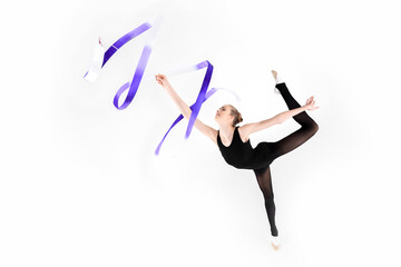 Fototapeta na wymiar Sporty young woman doing gymnastics with ribbon isolated on white