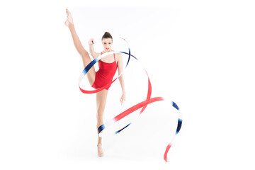 young caucasian woman rhythmic gymnast performing with colorful rope