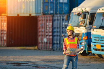 Fototapeta premium Woman engineering on transportation site map on during sunset,Woman engineer reading map on site,beautiful woman civil engineer close up portrait in front of a sunset background