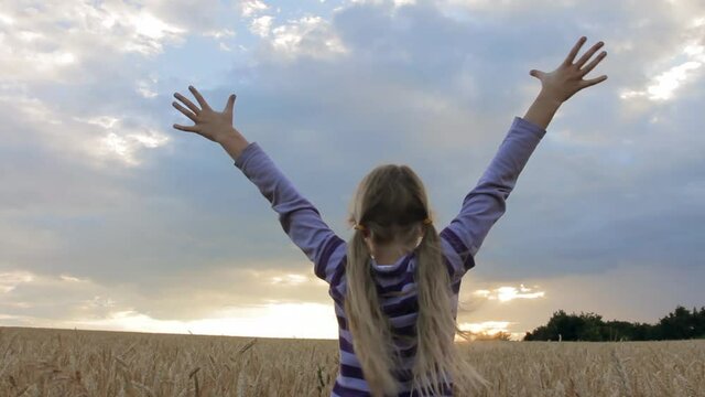 Little girl raising arms enjoying wind and sunset on wheat field. Freedom and happiness concept