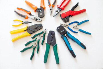 set of tools on white background top view