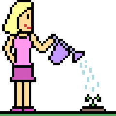 vector pixel art watering plant