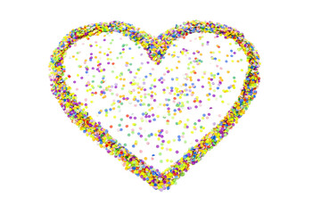 Heart made of colored confetti. Small circles of colored paper. White background. View from above. Colored heart.