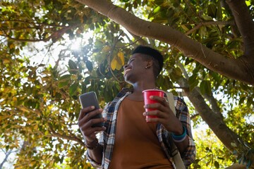 Fototapeta premium Man using mobile phone in the park