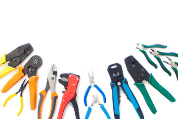 set of tools on white background top view