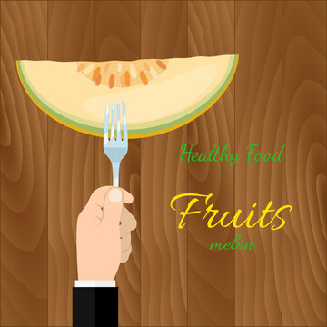 Hand hold rmelon on a fork. Healthy food concept. Veggie food, eat vitamins. Vector illustration flat design.
