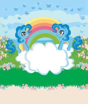 Card with a cute unicorns, rainbow and flowery meadow
