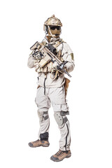 Army soldier in Protective Combat Uniform holding Special Operations Forces Combat Assault Rifle. Knee pads, mag recovery pouch, chest rig, military boots. Studio shot, isolated on white background