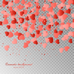 Valentines Day vector illustration with a pattern of falling hearts on a transparent background.
