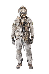 Army soldier in Protective Combat Uniform holding Special Operations Forces Combat Assault Rifle....