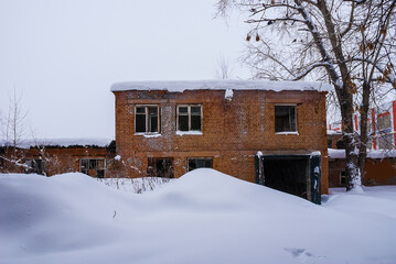 The facade of workshop in an abandoned factory.