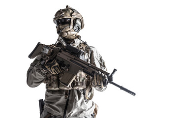 Army soldier in Protective Combat Uniform holding Special Operations Forces Combat Assault Rifle....