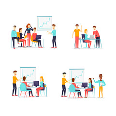 Fototapeta na wymiar Business characters. Co working people, meeting, teamwork, collaboration and discussion, conference table, brainstorm. Workplace. Office life. Flat design vector illustration.
