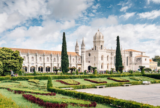Lisbon, Portugal - Tourists waiting in front of the Dos Jeronimos monastery