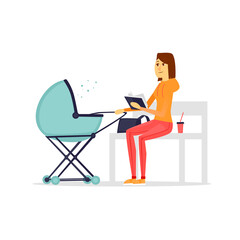 Fototapeta premium Young mother sits on a bench with a baby in a stroller. Flat vector illustration in cartoon style.