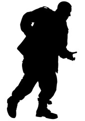 Soldier in uniform with weapon on white background