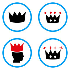 Crown rounded icons. Vector illustration style is a flat iconic symbols inside blue circles. Designed for web and software interfaces.