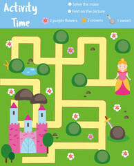 Fototapeta na wymiar Activity page for kids. Educational game. Maze and find objects theme. Fairy tales theme. Help princess find castle. Fun for preschool years children