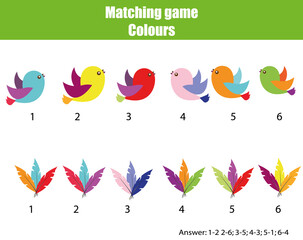 Educational children game. Match by color. Find pairs of birds and feathers