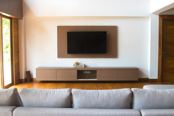 Beautiful and large living room interior with hardwood floors