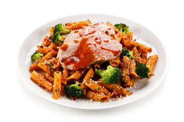 Fototapeta premium Pasta with meat, broccoli and tomato sauce on white background