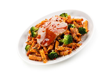 Pasta with meat, broccoli and tomato sauce on white background