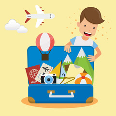 Young Man Traveler with Suitcase Open For Travel. Concept Travel Vector Illustration Flat Style.