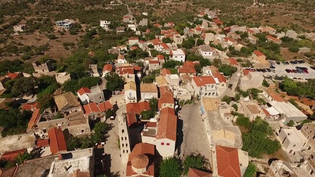 Aerial drone video of village of Areopoli in Mani, Peloponnese, Greece