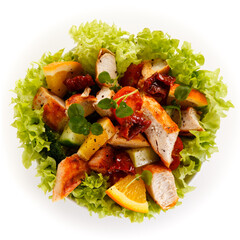 Salad with grilled chicken on white background