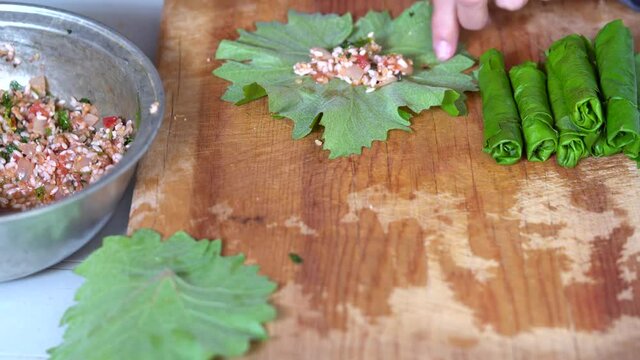 Making dolma, yaprak sarma, stuffed grape leaves, traditional turkish cuisine.