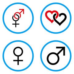 Sex Symbols rounded icons. Vector illustration style is a flat iconic symbols inside blue circles. Designed for web and software interfaces.