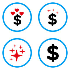 Sparkle Dollar rounded icons. Vector illustration style is a flat iconic symbols inside blue circles. Designed for web and software interfaces.