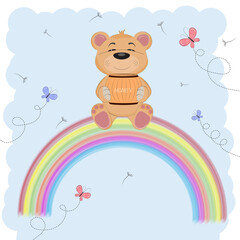 Naklejka premium Cartoon a cute happy bear sitting on the rainbow. Holds a barrel of honey