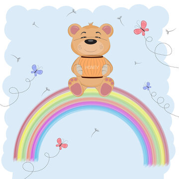 Cartoon a cute happy bear   sitting on the rainbow. Holds a barrel of honey