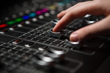Hand of female audio engineer using sound mixer