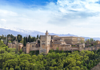 Alhambra Palace of Granada, Alhambra the complete Arabic form of which was Qalat Al-Hamra. Complex located in Granada, Andalusia, Spain. 