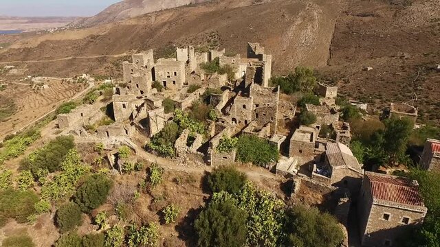 Aerial drone video of Vathia fortified village in Mani, Peloponnese, Greece