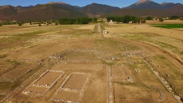 Aerial drone video of archaeological site of Mantineia, Peloponnese, Greece
