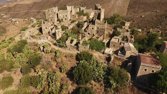 Aerial drone video of Vathia fortified village in Mani, Peloponnese, Greece