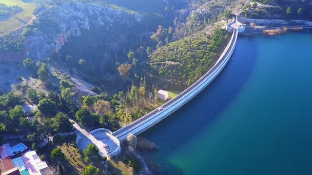 Aerial drone video of lake and dam of Marathonas, Attica, Greece