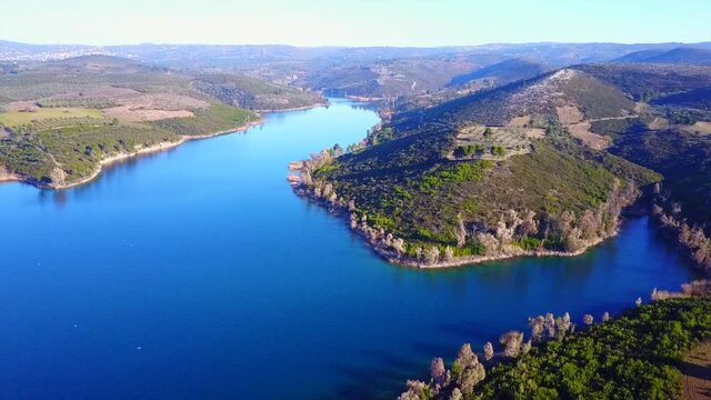Aerial drone video of lake and dam of Marathonas, Attica, Greece
