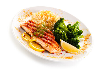 Grilled salmon with white rice on white background