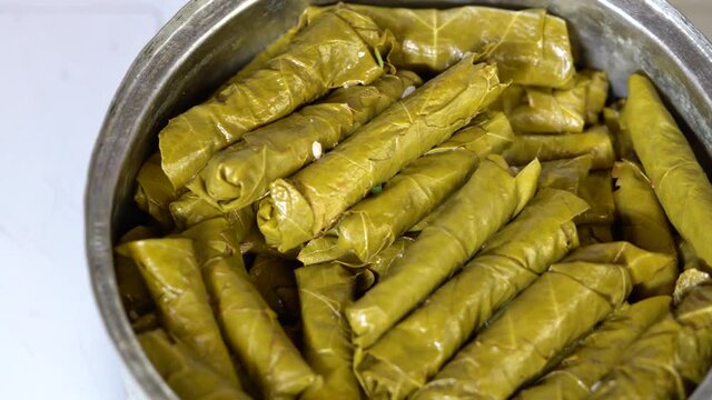 Turkish hand made traditional stuffed grape leaves.
